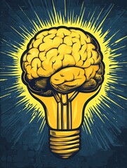 Poster - Brain Power: Light Bulb Inspiration - A human brain in the shape of a light bulb, radiating light, symbolizes creativity, innovation, enlightenment, knowledge and new ideas.