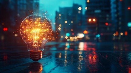 Poster - Bright Ideas in the City: A Glowing Lightbulb Concept for Innovation - A glowing lightbulb on a city street, symbolizing creativity, inspiration, urban innovation, and the power of ideas in a modern e