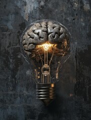 Canvas Print - Brainpower: The Lightbulb of Ideas - A human brain inside a lit lightbulb symbolizes intellect, innovation, creativity, knowledge, and problem-solving.