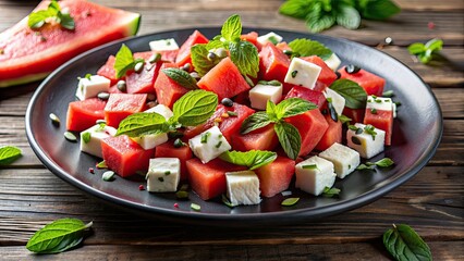 Wall Mural - Refreshing watermelon salad with feta cheese, mint, and balsamic drizzle , summer, fruit, healthy, colorful, delicious, salad