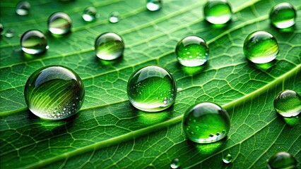 Sticker - Close-up photo of emerald droplets on a leaf reflecting the surrounding nature, emerald, droplets, water, leaf, nature, mirror