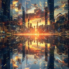 Wall Mural - Skyscrapers of a smart city at sunset, futuristic financial district, graphic perspective of buildings and reflections - Architectural background for corporate and business brochure template