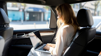 Wall Mural - Businesswoman working on a laptop in an executive car