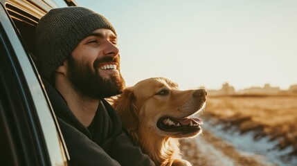 Wall Mural - Smiling man wearing beanie, with his dog by his side, both leaning out of a car window and feeling the wind in their hair and fur, against a backdrop of a bright, sunny day