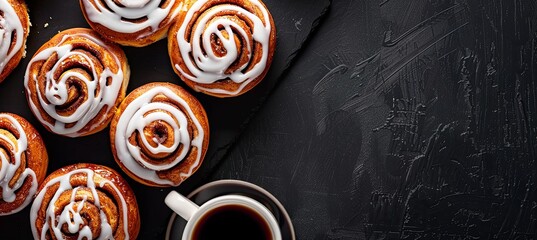 Wall Mural - A close up of a table with a cup of coffee and a plate of cinnamon rolls