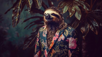 Canvas Print - Sloth dressed in a casual floral suit. Fashion portrait of an anthropomorphic animal, shooted in a charismatic human attitude