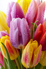 Poster - Colorful tulips covered with dew drops, highlighting their vibrant petals and fresh appearance, symbolizing spring and renewal.