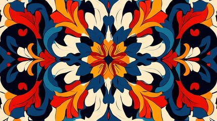 Colorful abstract pattern with vibrant red, blue, yellow and white floral shapes.