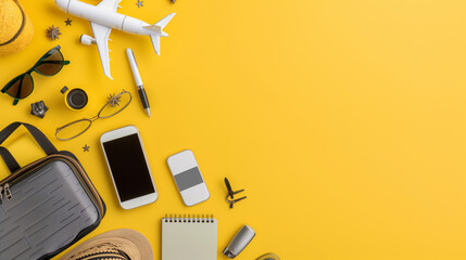 Flat lay yellow suitcase with traveler accessories on yellow background. travel concept.