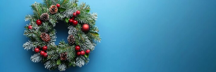 Sticker - Festive Christmas Wreath with Red Berries and Pine Cones on Blue Background - A traditional Christmas wreath adorned with red berries, pine cones, and a touch of snow, symbolizing holiday cheer, winte