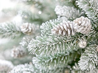 Frosted Evergreen: A close-up of a Christmas tree branch