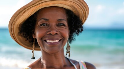 Poster - Smiling attractive beautiful black mature woman posing at the beach looking at the camera