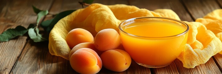 Poster - Fresh Apricot Juice with Ripe Apricots - A glass of freshly squeezed apricot juice with ripe apricots, symbolizing freshness, health, vitamins, summer, and deliciousness.