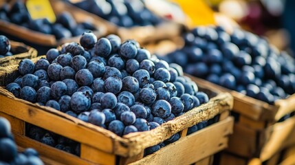 Wall Mural - Fresh Blueberries in Wooden Crate at Farmers Market - Close-up of ripe blueberries in a wooden crate at a farmer's market. The image evokes freshness, healthy eating, and the bounty of nature.