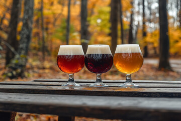 Canvas Print - Artisanal Craft Beer Variety in a Casual Autumn Forest Park Setting  