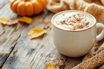 Sticker - Cozy Pumpkin Spice Latte on Rustic Table in Autumn Setting  