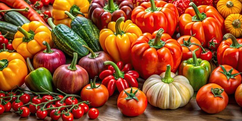 Poster - Assortment of vibrant peppers, pumpkins, and fresh cherry tomatoes , healthy, vegetables, peppers, pumpkins, cherry tomatoes