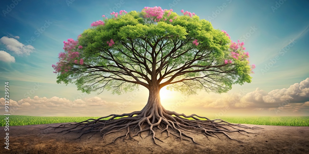 Tree with deep roots and blooming branches symbolizing growth and ...