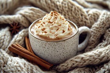 Wall Mural - Cozy Hot Chocolate with Whipped Cream and Fall Decor  