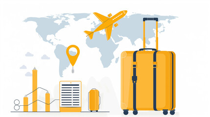 Wall Mural - minimal cartoon luggage tourism trip planning world tour with airplane, earth pin location on suitcase of travel online, leisure touring holiday summer concept. recreation. illustration 