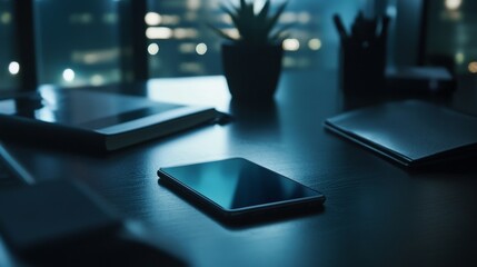 Sticker - Modern Desk with Smartphone at Night - Technology and Productivity - A smartphone rests on a sleek desk, illuminated by the glow of city lights outside a window. The scene evokes a sense of productivi