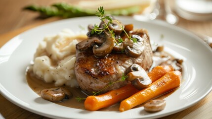 Wall Mural - A gourmet plate featuring a juicy, herb-seasoned steak, garnished with mushrooms and herbs, served with mashed potatoes and tender carrots.