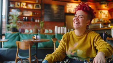 Wall Mural - A joyous person with vibrant red curly hair, enjoying the cozy ambiance of a modern café, radiates happiness and a positive attitude.