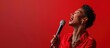 © JooLaR - Portrait of a young beautiful mixed race girl on a bright background. Advertising banner of a woman singing in a microphone. Concept of relaxation and karaoke.