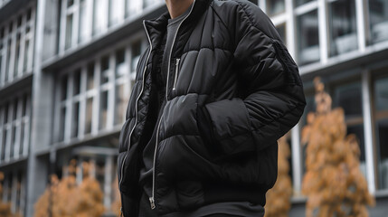 Canvas Print - Bomber jacket puffer. Full zipper with two side pockets, varsity jacket, black Color