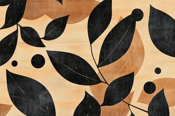 Wall Mural - A leafy patterned background with black and brown leaves