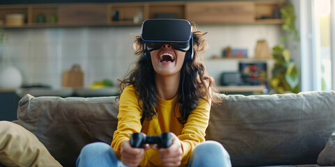 A woman wearing a VR headset and holding a controller is sitting on a couch while playing a game.. hispanic woman