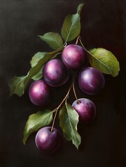 Wall Mural - Ripe Plums Hanging From Branch - A close-up of a branch of ripe purple plums, showcasing their velvety texture and juicy appearance.  The deep green leaves frame the plums, creating a beautiful contra