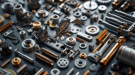 Poster - Close-up view of various mechanical components and metal parts, including gears, screws, springs, and bolts, arranged on a flat surface.