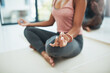 © SunriseDon/peopleimages.com - Woman, hands and meditation with lotus pose for zen, fitness or awareness in yoga class. Closeup of calm female person or young yogi in relax or spiritual wellness for inner peace, or indoor exercise