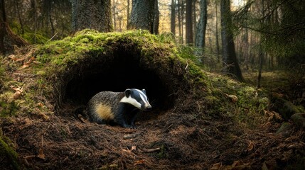 Wall Mural - European Badger Emerging from Burrow in Mossy Forest