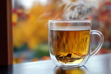 Wall Mural - Herbal Tea with Autumn Foliage Backdrop - Minimalist Style  