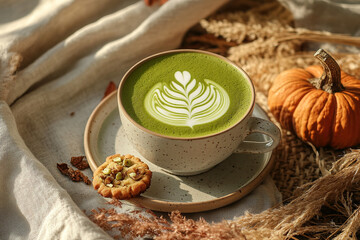 Wall Mural - Matcha Latte with Autumn-Themed Cookie in Warm Setting  