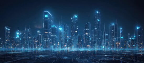 Poster - Futuristic digital cityscape at night featuring blue light wireframe technology highlighting an urban skyline against a dark background