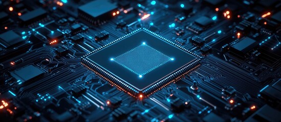 Poster - microchip design featuring a central processing unit symbolizing a country s outline with a technolo