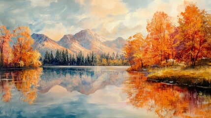 Sticker - Serene Autumn Landscape with Mountain Reflections in Still Lake - A picturesque autumn landscape showcasing vibrant foliage reflected in a tranquil lake, with towering mountains in the background, sym