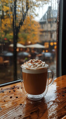 Poster - Caramel Macchiato with a Rainy Autumn Window View  