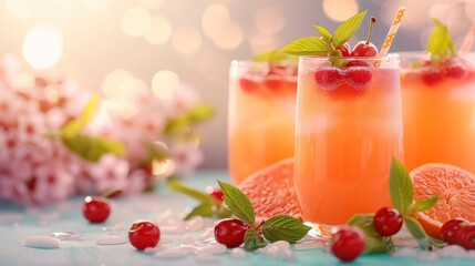 Sticker -   A close-up shot of two glasses filled with drinks, each featuring a cherry perched on the rim