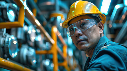 Wall Mural - Male engineer wearing yellow hard hat and safety goggles, working diligently in an industrial environment.