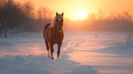 Wall Mural - A Chestnut Horse Walks Through a Snowy Field at Sunset