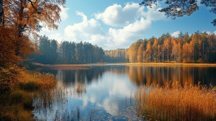 Sticker - Tranquil Autumn Lake in a Lush Forest - A serene autumn scene with vibrant fall foliage reflected in a still lake, showcasing the beauty of nature's colors and the peacefulness of the season.