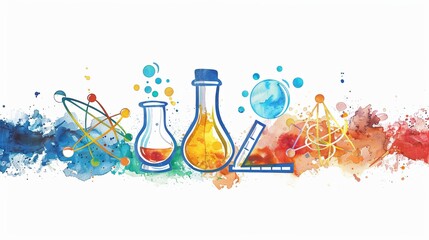 colorful illustration with lab equipment and atoms