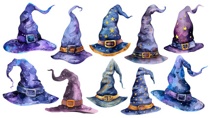 Set of isolated Halloween wizard hat decoration elements in cute doodle hand-drawn watercolor illustration style on transparent background, Volume 2: Purple and blue color tone.