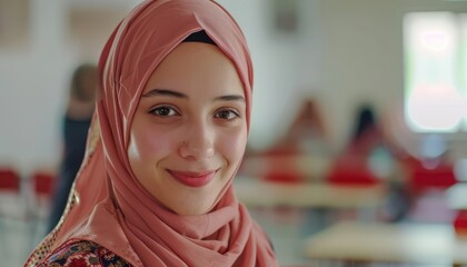 portrait of a beautiful Woman arabic with hijab smile In a bright white classroom Generative AI