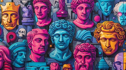 Wall Mural - Detailed vibrant busts of historical figures in colors