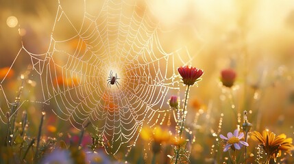 Spider on a Web with Sunlit Meadow